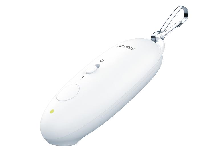 Appareil portable blanc avec mousqueton, interrupteur à glissière et bouton.