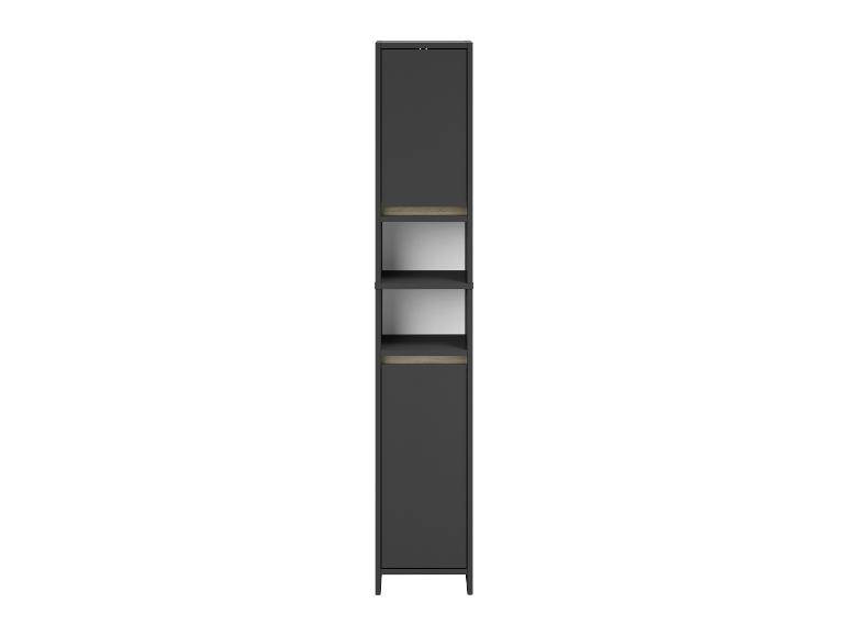 Armoire haute étroite gris foncé avec étagères ouvertes et fermées, détails en bois clair.