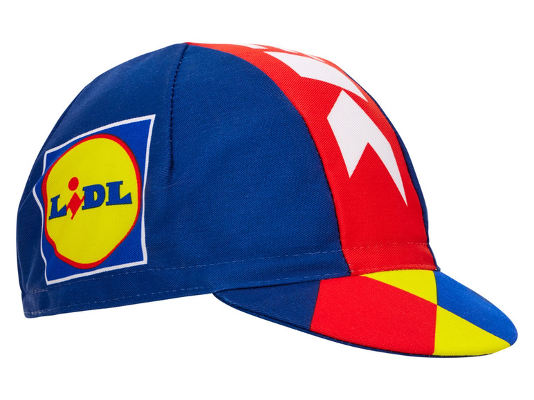 Une casquette de vélo bleue avec le logo Lidl et des détails rouges et jaunes.