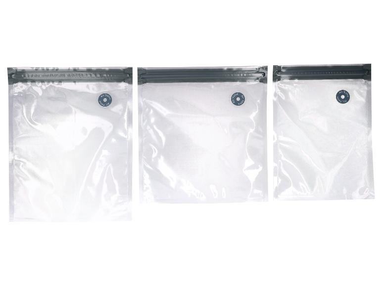 Trois sacs sous vide transparents avec fermeture éclair et valve d'air.
