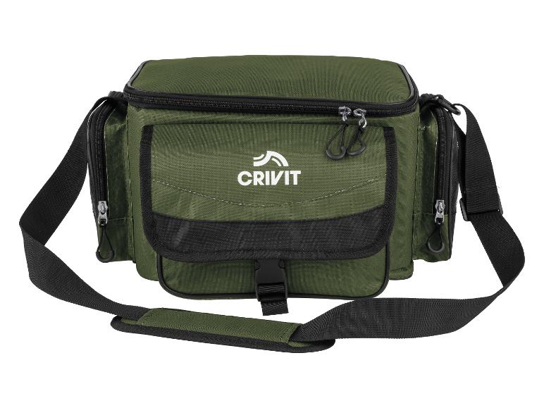 Sac à bandoulière vert avec fermetures éclair et boucle, avec un logo sur le devant.