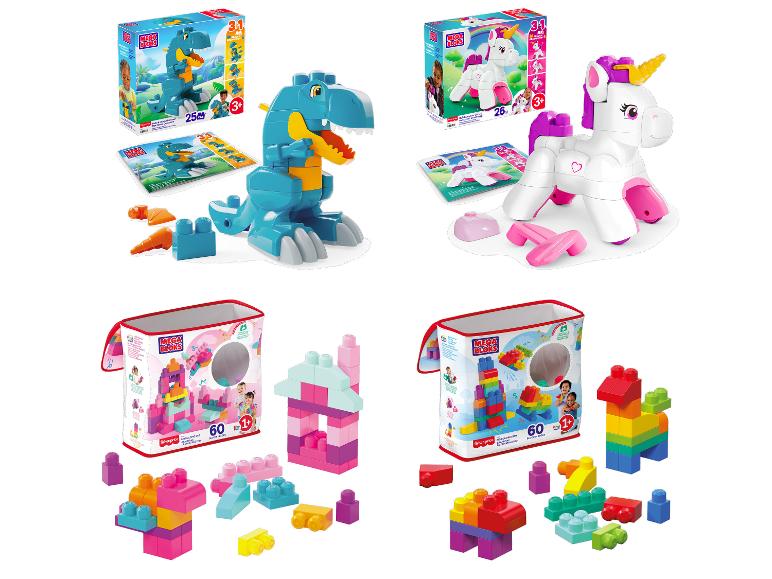 Différents coffrets de construction MEGA BLOKS, dont un dinosaure, une licorne et des sacs de briques.