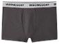 Caleçon boxer gris foncé pour homme avec une ceinture blanche portant le mot « WEDNESDAY » en noir.
