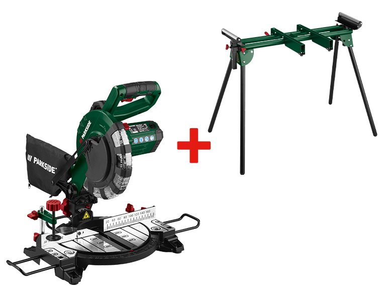 Scie à onglet Parkside et établi en vert et noir.