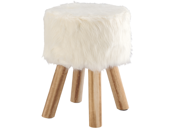 Tabouret blanc en fausse fourrure avec pieds en bois