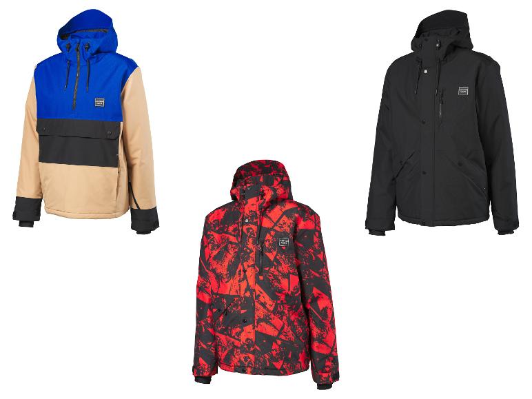 Trois vestes de ski Mountain Slopes : une bleue, beige et noire, une rouge et noire, et une noire.