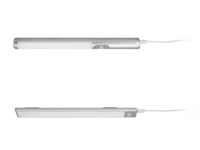 Deux barres lumineuses LED argentées avec capteur de mouvement et câble de charge.