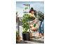 Une femme arrose une plante de tomate dans un pot noir sur un balcon.