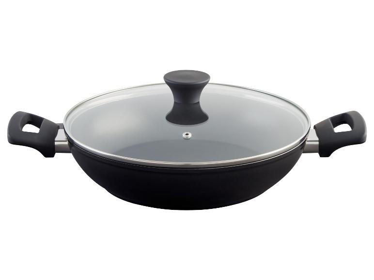 Wok noir avec poignées et couvercle en verre