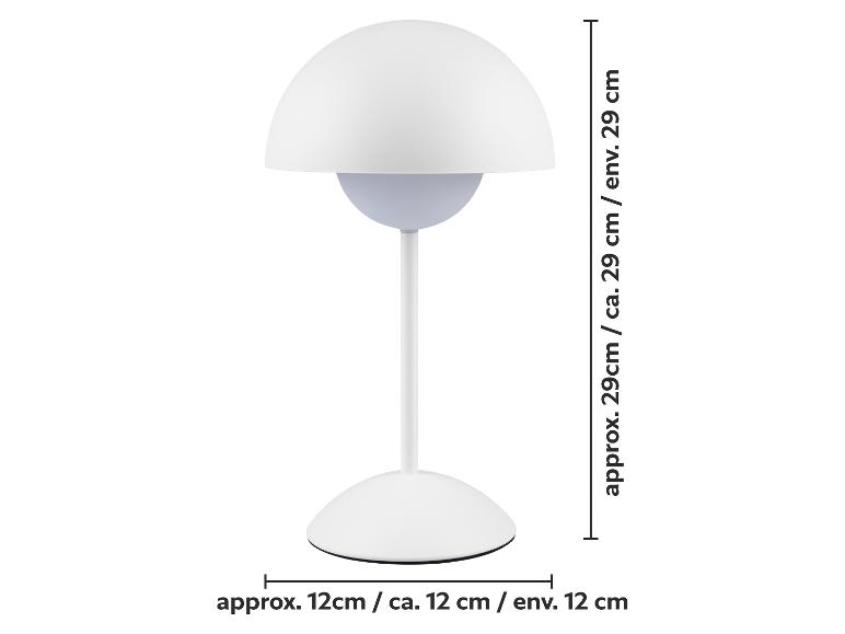 Lampe de table blanche avec abat-jour en forme de dôme, montrant des dimensions de 29 cm de hauteur et 12 cm de base.