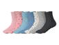 Lot de sept paires de chaussettes pour enfants dans des tons rose, bleu, gris et noir.