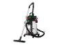 Aspirateur d'atelier avec réservoir en acier inoxydable, tuyau flexible et buse de sol.