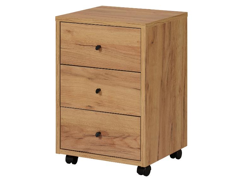 Caisson de rangement en bois à roulettes avec trois tiroirs et poignées noires