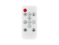 Une télécommande blanche avec des boutons pour allumer/éteindre, minuterie, mode, paramètres et verrouillage.