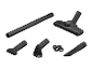 Accessoires d'aspirateur : tube télescopique, suceur pour sol, suceur plat, brosse et accessoires.