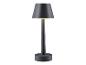 Une lampe de table grise avec un abat-jour rond.