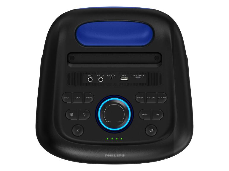 Enceinte de fête portable noire avec accents bleus et panneau de commande avec ports et boutons.