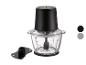 Hachoir noir avec un bol en verre et un accessoire supplémentaire, présenté sur fond blanc.