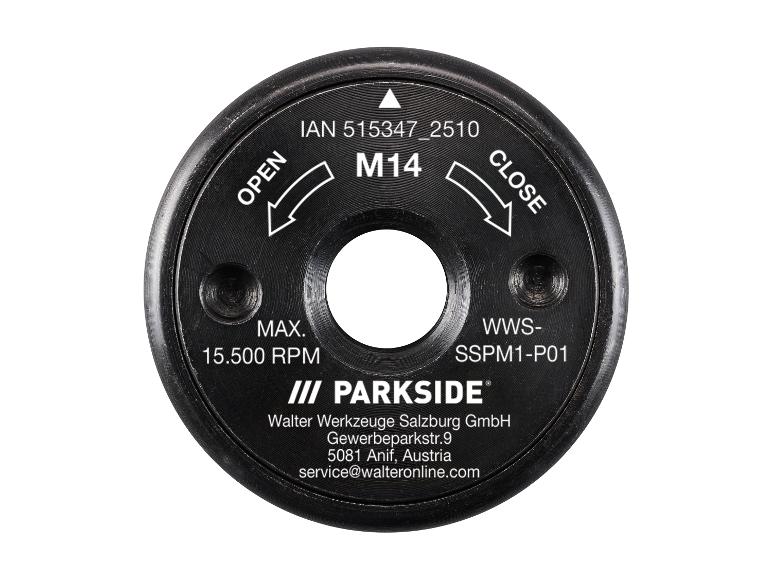 Flange de serrage M14 pour outils électriques, avec indications de vitesse et d'ouverture/fermeture.