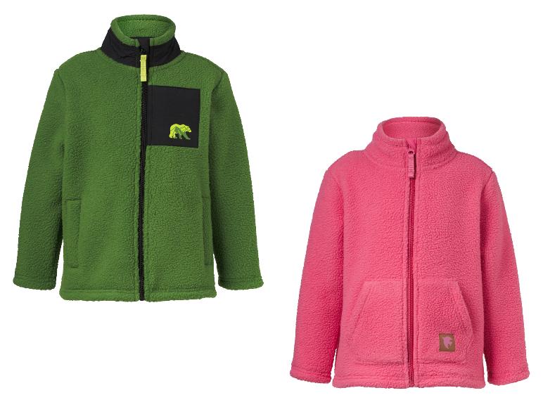 Vestes polaires vertes et roses pour enfants, avec fermeture éclair et poches.