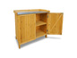 Une armoire de rangement en bois avec un plan de travail en métal et des portes ouvertes.