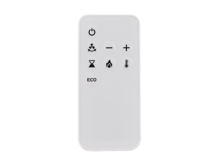 Télécommande blanche avec boutons d'alimentation, de ventilateur, de minuterie, de flamme, de température et ECO.