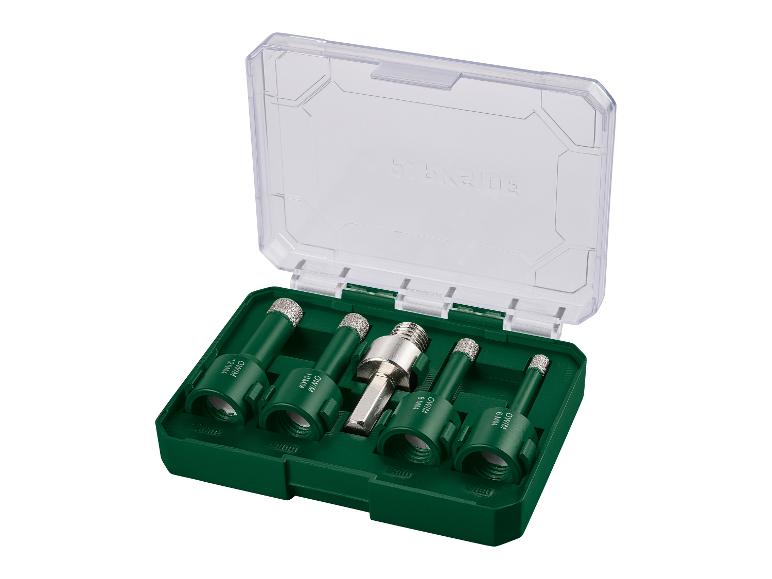 Coffret de forets diamantés pour carrelage avec adaptateur, tailles 6, 8, 10 et 12 mm.