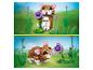Deux images d'une figurine de hamster jouet faite de blocs de construction dans un paysage vert.