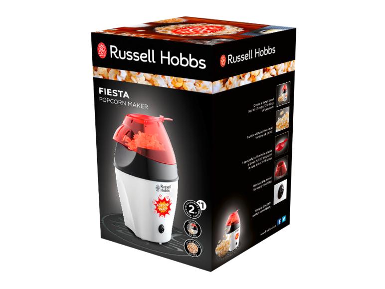Un appareil à popcorn Russell Hobbs Fiesta sur l'emballage.