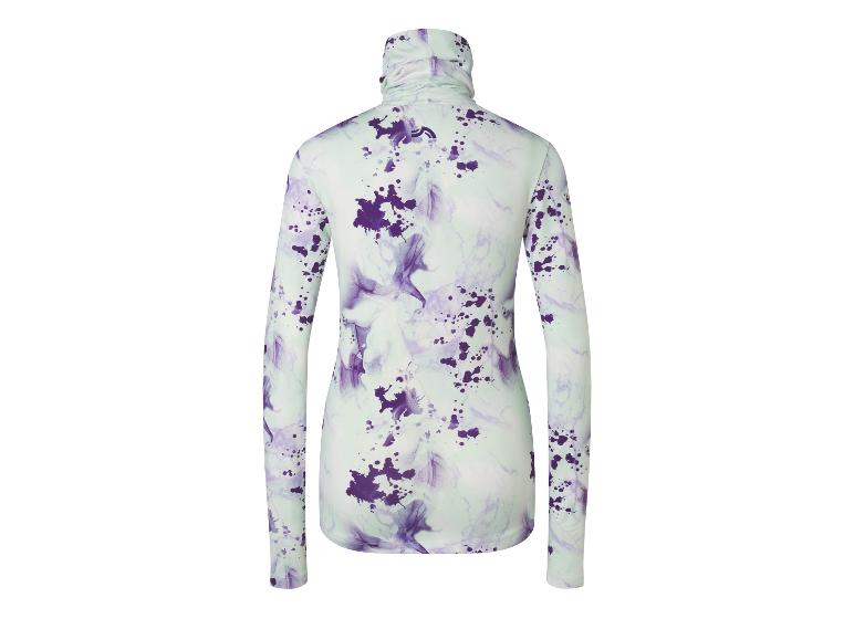 Haut à col roulé avec un imprimé abstrait menthe et violet.