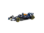 Voiture de course miniature de Formule 1 bleu foncé avec jantes jaunes.