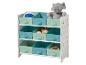 Étagère de rangement pour enfants avec 9 bacs en tissu vert et bleu, jouets et motifs d'animaux.