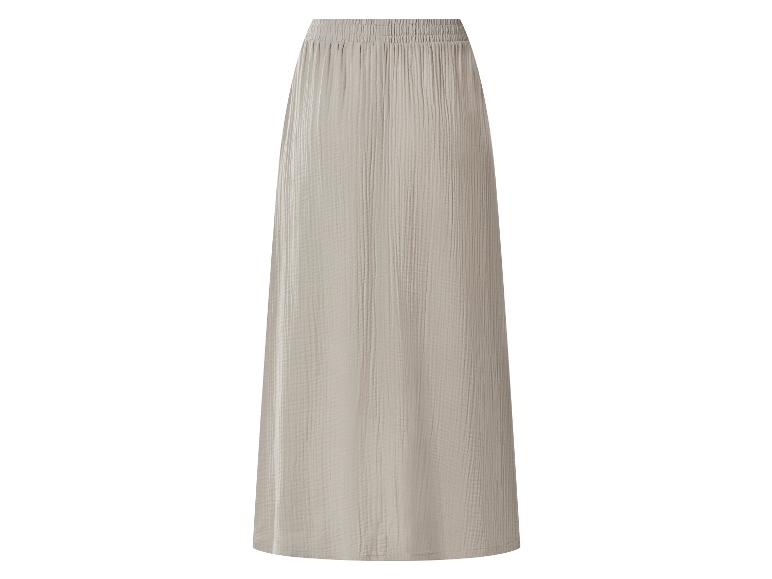 Jupe longue beige avec taille élastique et texture froissée.