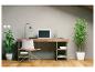 Bureau avec un ordinateur portable, une lampe et des plantes dans une pièce grise.