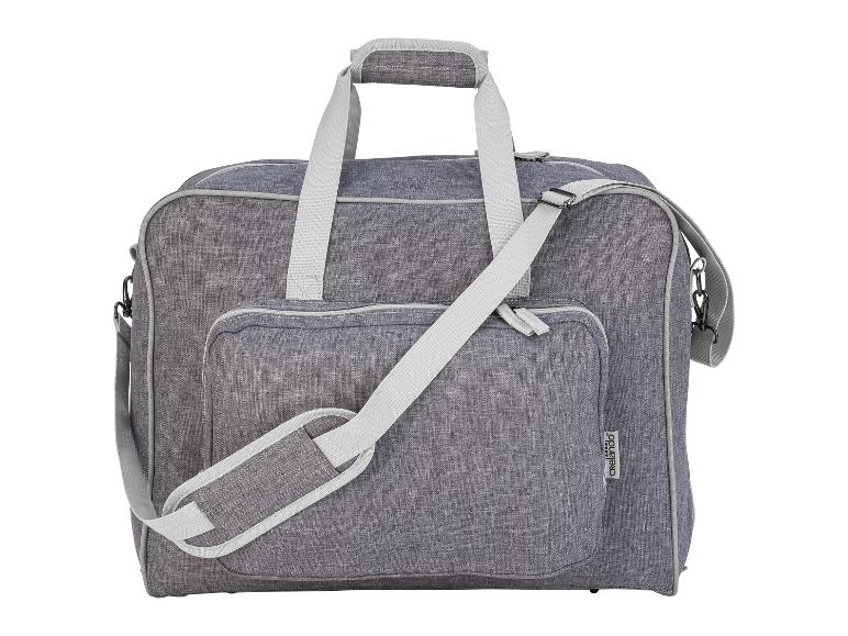 Sac en tissu gris avec poignées de transport et bandoulière réglable.