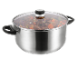 Une casserole en acier inoxydable avec un couvercle en verre, pleine de ragoût.