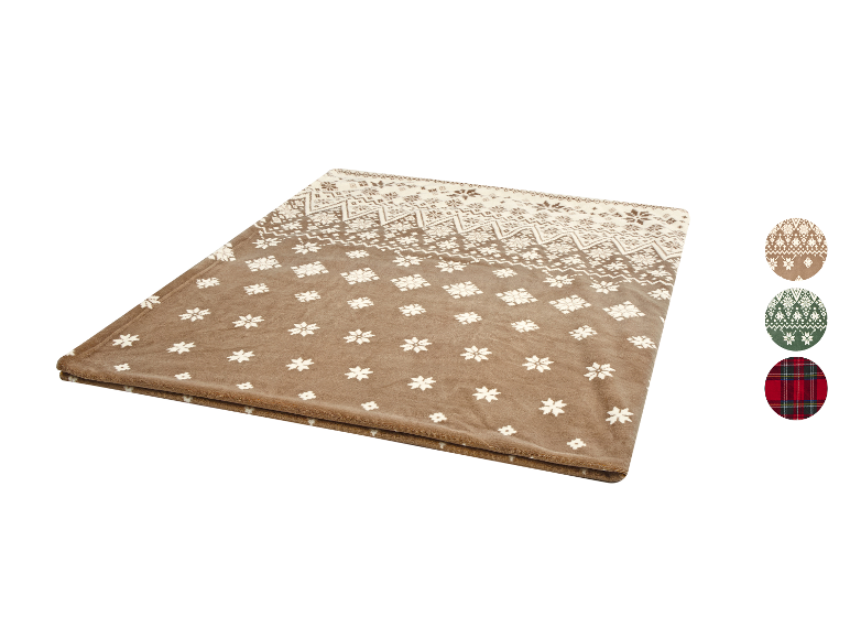 Plaid polaire marron avec motif flocon de neige blanc, avec options de couleur.