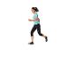 Femme courant vêtue d'une t-shirt et legging de sport.