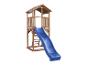 Maisonnette de jeu en bois avec toboggan bleu.