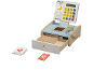 Caisse enregistreuse de jeu en bois avec scanner, tiroir-caisse et cartes de produits.