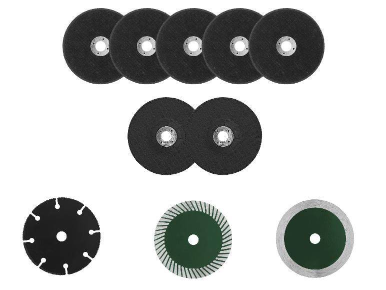 Disques de coupe et de meulage noirs, avec un disque de coupe diamanté noir et deux verts.