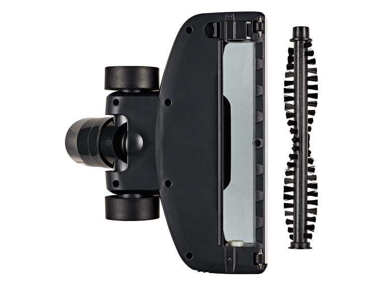 Aspirateur à main noir avec brosse détachable sur fond blanc.