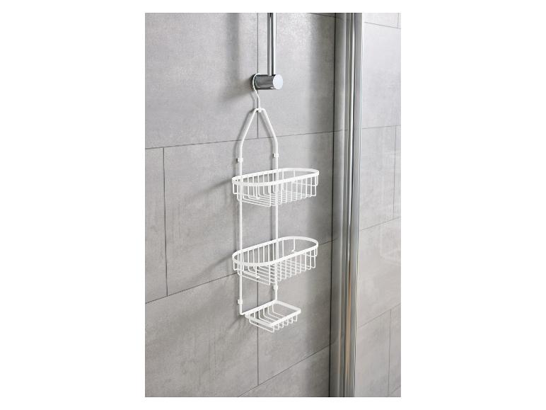 Étagère de douche à trois paniers blancs, idéale pour ranger vos accessoires de bain.