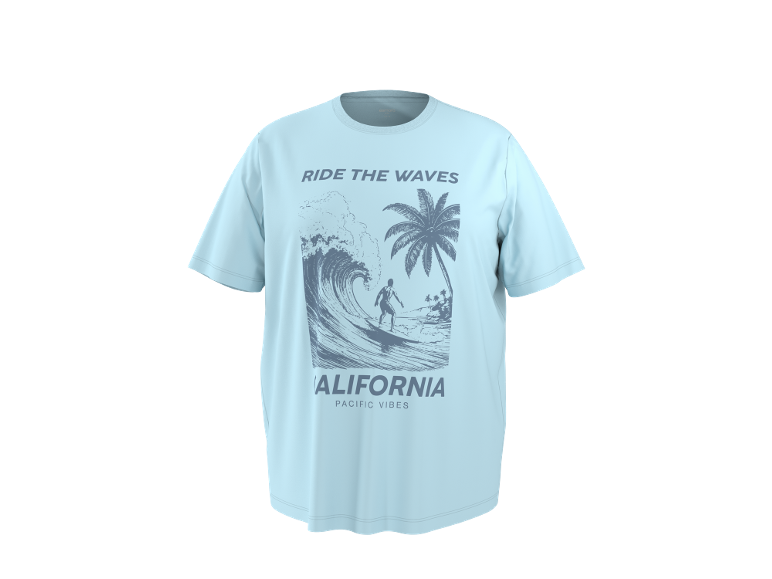 T-shirt bleu clair avec un imprimé graphique d'un surfeur sur une vague, des palmiers et le texte 'RIDE THE WAVES CALIFORNIA PACIFIC VIBES'.