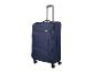Valise en tissu bleu à roulettes avec poignée télescopique.