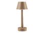 Une lampe de table beige avec un abat-jour rond.