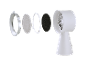 Vue éclatée d'un ventilateur portable blanc avec ses composants : anneau extérieur, filtre à mailles, cadre et filtre à charbon.