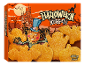Boîte de nuggets d'Halloween en forme de citrouilles, chauves-souris et fantômes, avec un château hanté en arrière-plan.