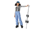 Fille en tenue de ski avec pantalon bleu, haut gris, chaussures, lunettes et skis.