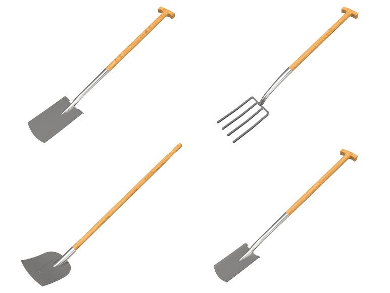Ensemble de quatre outils de jardin: deux pelles, une bêche droite et une fourche.